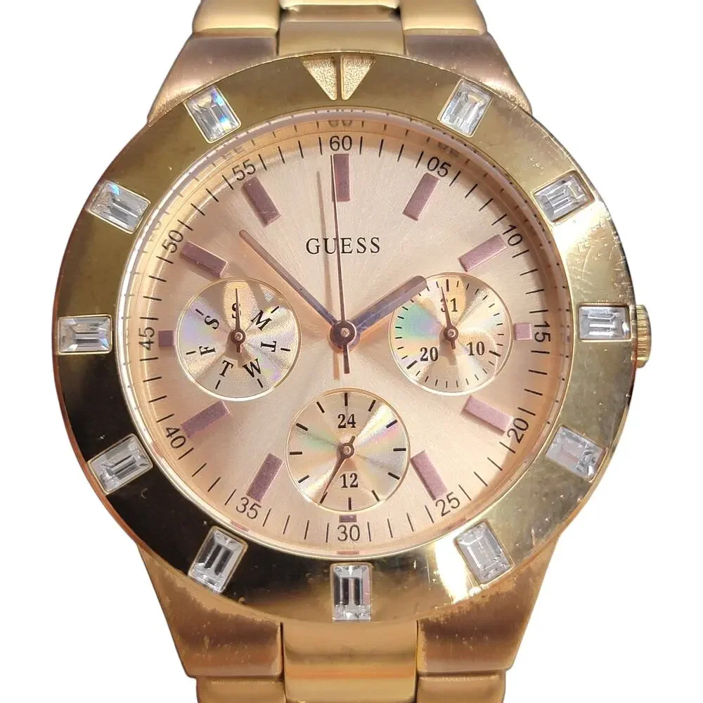 Guess Waterpro Womens Watch Rose Gold Tone Baguette Crystal Bezel Day Date